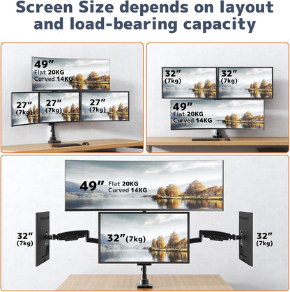PUTORSEN Monitorhouder 4 monitoren, max. tot 1 x 49 inch en 3 x 27 inch platte en gebogen schermen, 80 cm stang-tafelhouder, verstelbare gestapelde monitorhouder, VESA 75/100