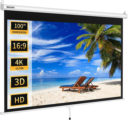 WASJOYE Handmatig projectiescherm met universeel 100 inch oprolbaar handmatig projectiescherm met automatische vergrendeling, instelbare schermhoogte, maskerrand