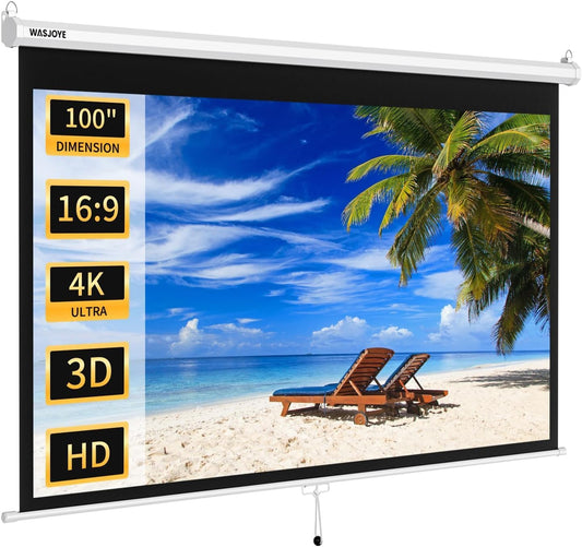 WASJOYE Handmatig projectiescherm met universeel 100 inch oprolbaar handmatig projectiescherm met automatische vergrendeling, instelbare schermhoogte, maskerrand