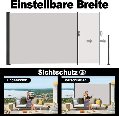 Zijluifel – Wandluifel – Uittrekbare Luifel – Balkonbeschermer – Inkijkbescherming – Waterafstotend Polyester – Maximaal 6 Meter Uitrol – Aluminium Behuizing