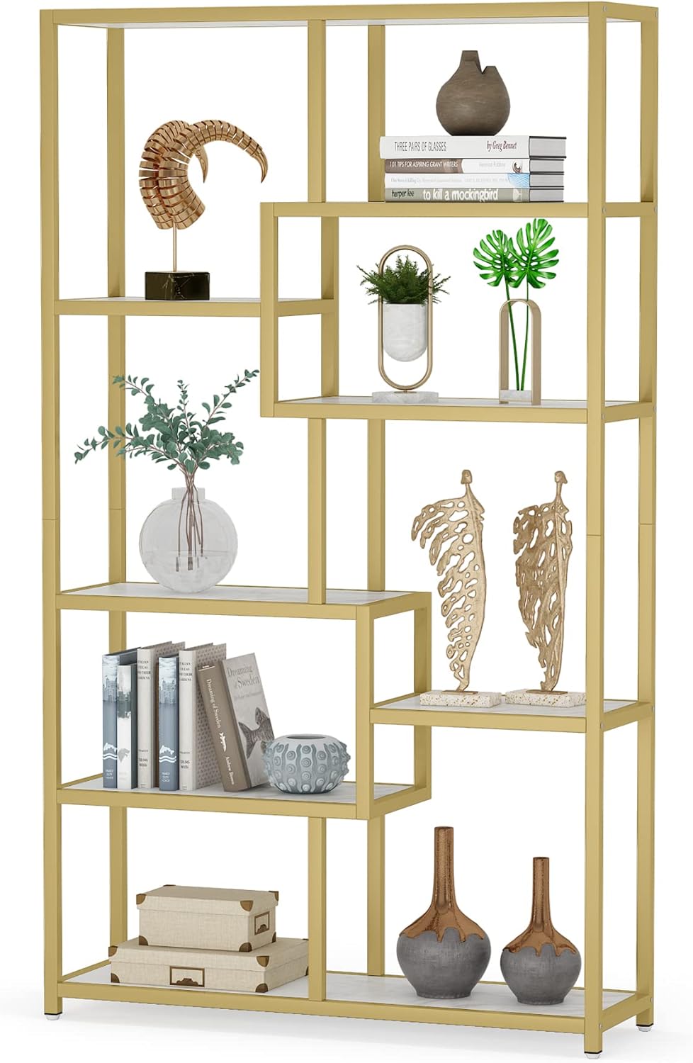 Tribesigns 8 Open Level Bookcase Gold Marble Look Modern Bookcase Organizer for Home Office