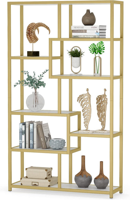 Tribesigns 8 Open Level Bookcase Gold Marble Look Modern Bookcase Organizer for Home Office