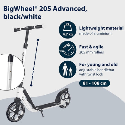 HUDORA BigWheel® 205 Advanced Scooter, comfortabele aluminium step, voor maximaal 100 kg, in hoogte verstelbare en inklapbare step, kickstep voor kinderen, jongeren en volwassenen