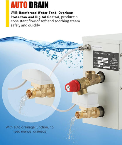 CGOLDENWALL 3 kW stoomgenerator 220 V thuis, ideaal voor sauna/douche/bad/spa, met automatische afvoer, digitale led-regelaar 35-55 °C, voor het verwarmen van ruimtes van 3 m³