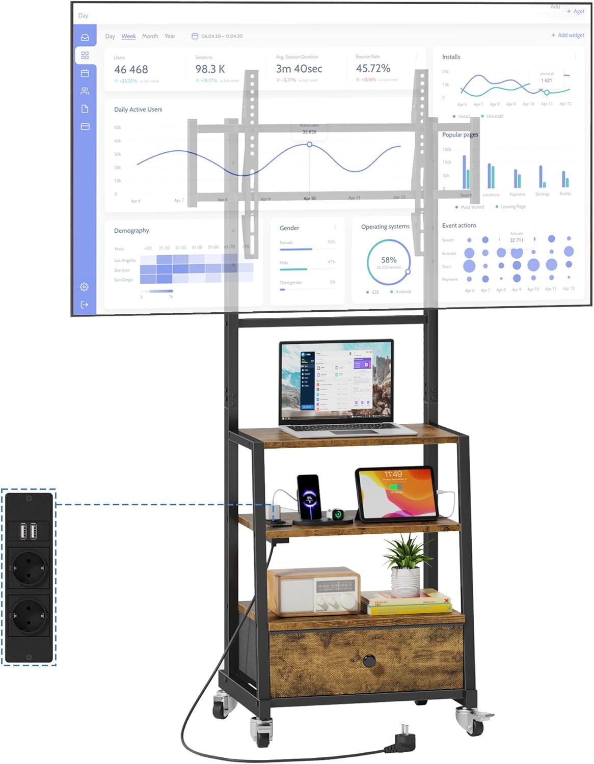 Verrijdbare TV Standaard met Beugel en Stopcontact – In Hoogte Verstelbaar TV Meubel met Lade, Geschikt voor 32–75 Inch TV's, Rustiek Houtlook