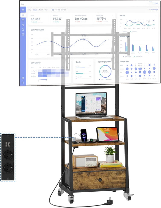 Verrijdbare TV Standaard met Beugel en Stopcontact – In Hoogte Verstelbaar TV Meubel met Lade, Geschikt voor 32–75 Inch TV's, Rustiek Houtlook