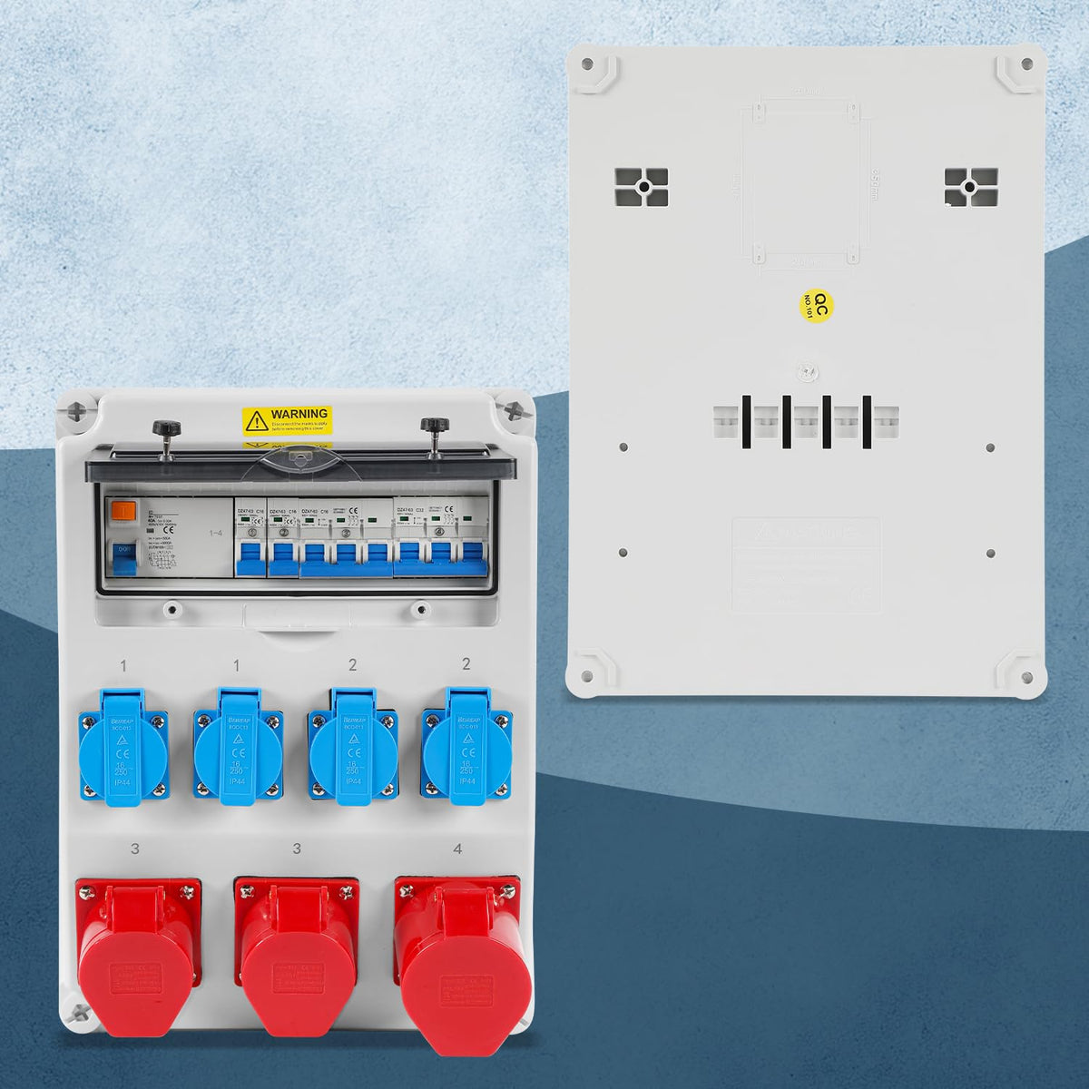 Verdeler voor bouwplaatsen, wandverdeler, 1 x 32 A, 2 x 16 A, 4 x 230 V met LS+FI met veiligheidsschakelaar, wandverdeler met RCCB, CEE stopcontact 16/32 A, voor bouwplaatsen