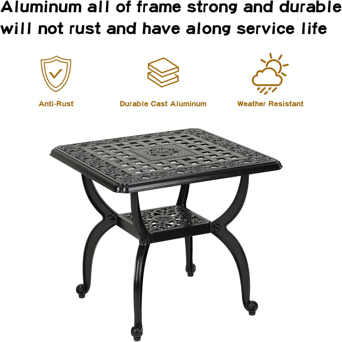 JARDIN DE CENTENNIAL Cast Aluminium Outdoor Side Table, Anti-Rust, Outdoor End Table, Patio, Coffee Bistro Table for Indoor, Garden, Porch, Balcony (Square Black) - QUORE