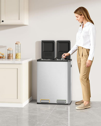 Hzuaneri Kitchen Waste Bin, Waste Separation System (2 x 30 litres), Stainless Steel Kitchen Waste Bin with Color Coded Pedal, Silent and Slow Baging, Includes 15 Waste Bags, Silver Color SW23099E