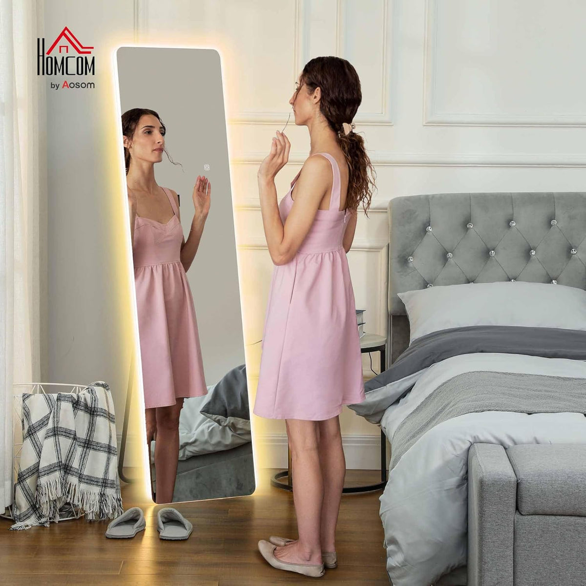 HOMCOM Ganzkörperspiegel 150 x 40 cm Standspiegel mit LED-Beleuchtung, 3 Lichtfarben, Wandspiegel mit Ständer, Touch-Schalter für Schlafzimmer, Wohnzimmer, Transparent - QUORE