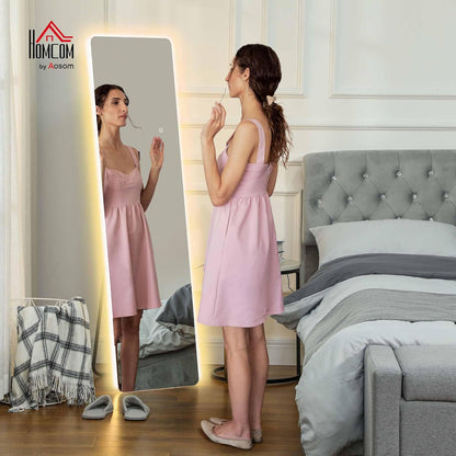 HOMCOM Ganzkörperspiegel 150 x 40 cm Standspiegel mit LED-Beleuchtung, 3 Lichtfarben, Wandspiegel mit Ständer, Touch-Schalter für Schlafzimmer, Wohnzimmer, Transparent - QUORE