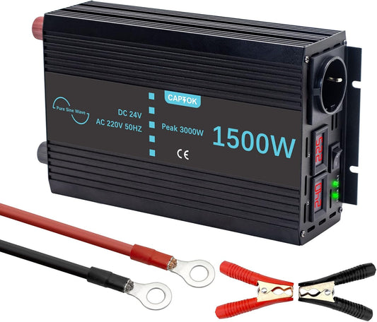 Zuivere Sinus Omvormer – Spanningsomzetter – Stroomomzetter – DC-naar-AC Omvormer – Inverter 1500W 24V – 3000W Piekvermogen – Dual LCD Display – Aluminium Behuizing