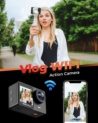 4K 60FPS Touchscreen Actiecamera met 64 GB SD-kaart, Dual Screen Pre-Recording 24MP Onderwatercamera 131FT Waterdichte Camera's 170° Sportcamera's met 2 x 1350 mAh Batterijen Helm Accessoires Kit