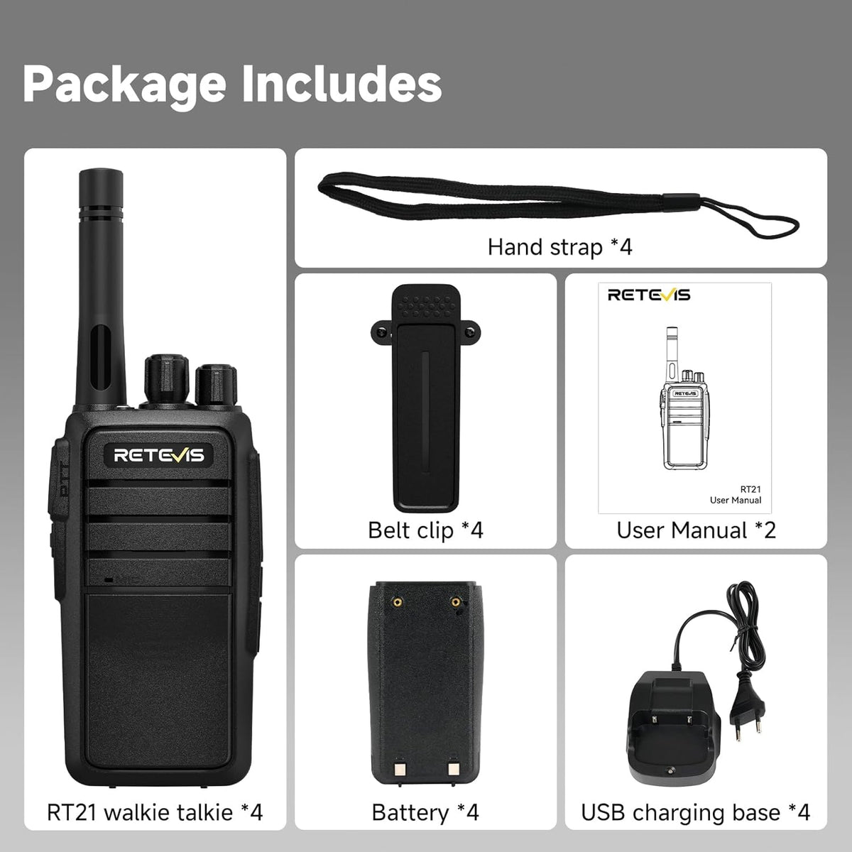 Retevis RT21 Walkie Talkie Nood Lange Afstand 16 Kanalen CTCSS/DCS VOX Squelch Radio's Oplaadbare EU plug Oplaadstation (2 paar, zwart)