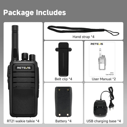 Retevis RT21 Walkie Talkie Nood Lange Afstand 16 Kanalen CTCSS/DCS VOX Squelch Radio's Oplaadbare EU plug Oplaadstation (2 paar, zwart)