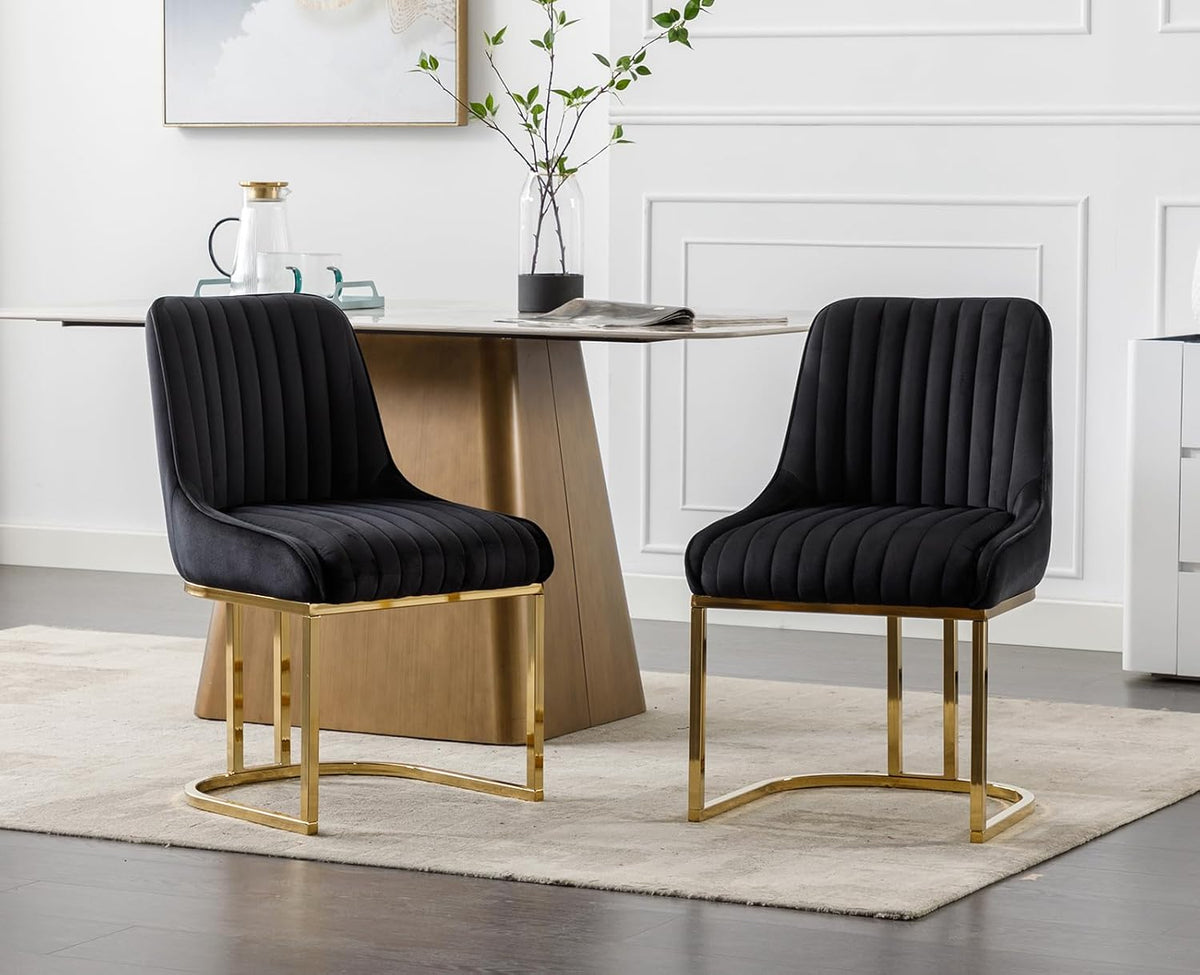 Fluwelen Stoelen – Eetkamerstoelen – Bureaustoelen – Accentstoelen – Armloze Stoelen – Set Van 2 Zwarte Velvet Stoelen – 12 Cm Dik Hoogwaardig Schuim – Stevig Metalen Frame - QUORE