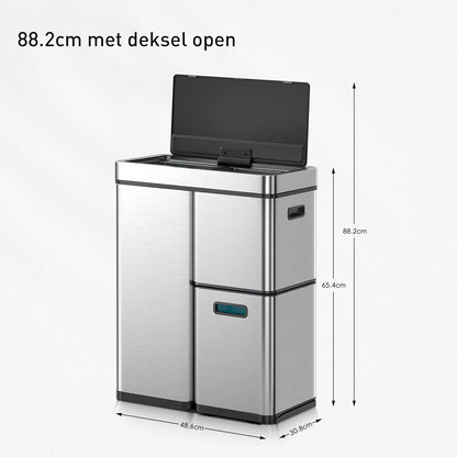 EKO Mirage Prullenbak met sensor 60 L (15+15+30 L), afvalscheiding 3 vakken, recycle afvalbak met automatisch deksel, RVS afvalemmer, 3 binnenemmers, softclose, vuilnisbak, afvalscheidingssysteem
