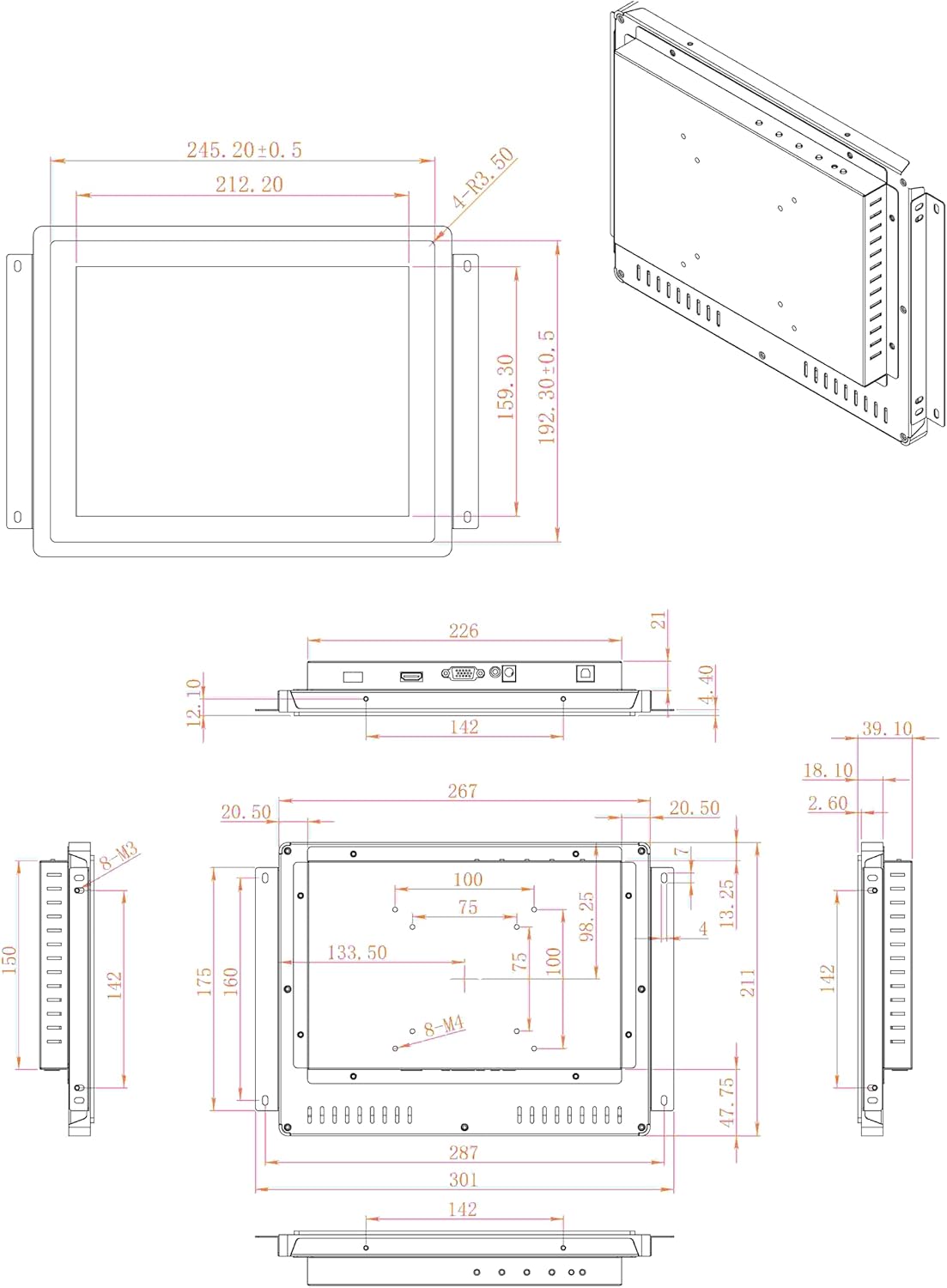 VSDISPLAY 10,4 inch industrieel touch-display, 1024 × 768, 300 nits, IP65 frontplaat, 10-punts touch, grote kijkhoek, aluminium behuizing