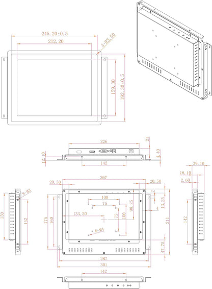 VSDISPLAY 10,4 inch industrieel touch-display, 1024 × 768, 300 nits, IP65 frontplaat, 10-punts touch, grote kijkhoek, aluminium behuizing