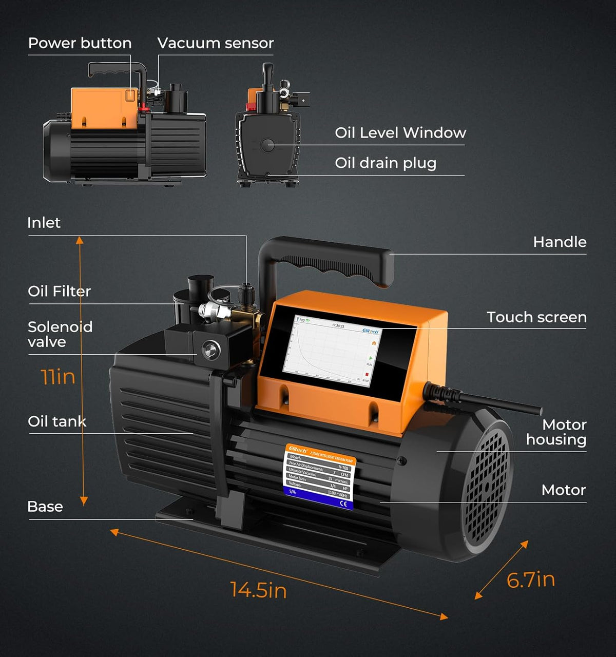 Vacuümpomp – Airconditioning Pomp – HVAC Pomp – Luchtpomp – Ontluchtingspomp – 3 Liter per Seconde Capaciteit – Touchscreen Bediening