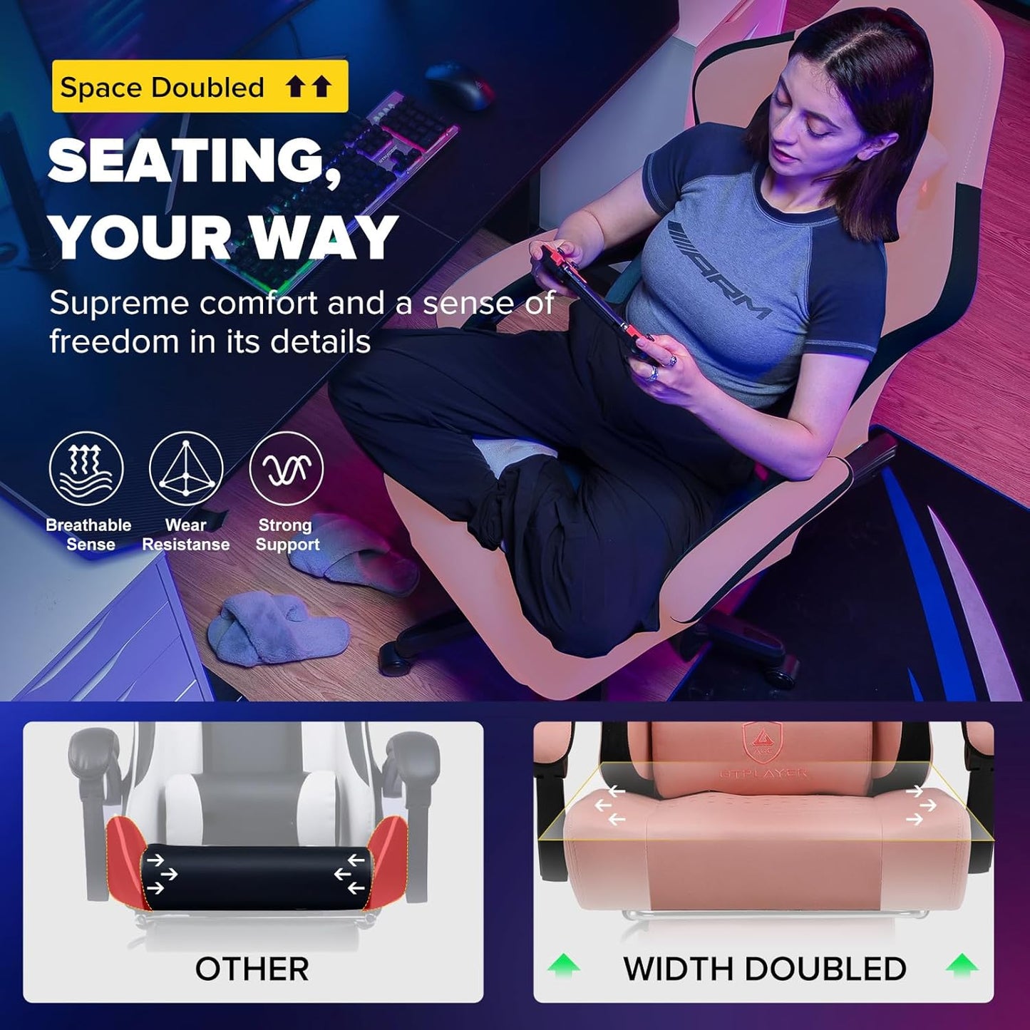 GTPLAYER Gaming Chair, Office Chair with Pocket Spring Cushion, Armrests and Hinged Footrest, Ergonomic Computer Chair with High Back and Lumbar Support OB - QUORE