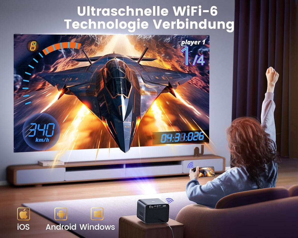 Official Netflix & Dolby Audio Beamer, 25000 lumen, autofocus/trapeziumcorrectie, WiFi6, Bluetooth, Full HD 1080P, ondersteuning 4K 60Hz beamer voor thuisbioscoop, outdoor, mobiele telefoonprojector