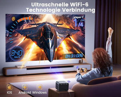 Official Netflix & Dolby Audio Beamer, 25000 lumen, autofocus/trapeziumcorrectie, WiFi6, Bluetooth, Full HD 1080P, ondersteuning 4K 60Hz beamer voor thuisbioscoop, outdoor, mobiele telefoonprojector