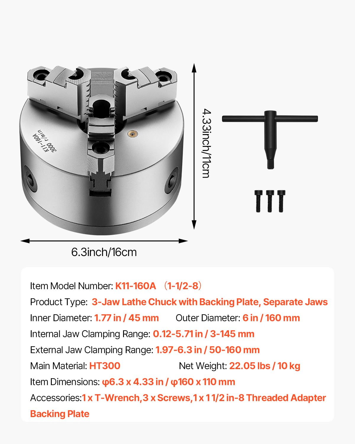 VEVOR Draaibankhouder met 3 klauwen, 160 mm, zelfcentrerende boorkop met 1 1/2"-8 schroefdraadsteunplaat, 3-145 mm klembereik met T-moersleutelschroeven, HT300-materiaal, voor hout-metaaldraaibank