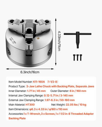 VEVOR Draaibankhouder met 3 klauwen, 160 mm, zelfcentrerende boorkop met 1 1/2"-8 schroefdraadsteunplaat, 3-145 mm klembereik met T-moersleutelschroeven, HT300-materiaal, voor hout-metaaldraaibank