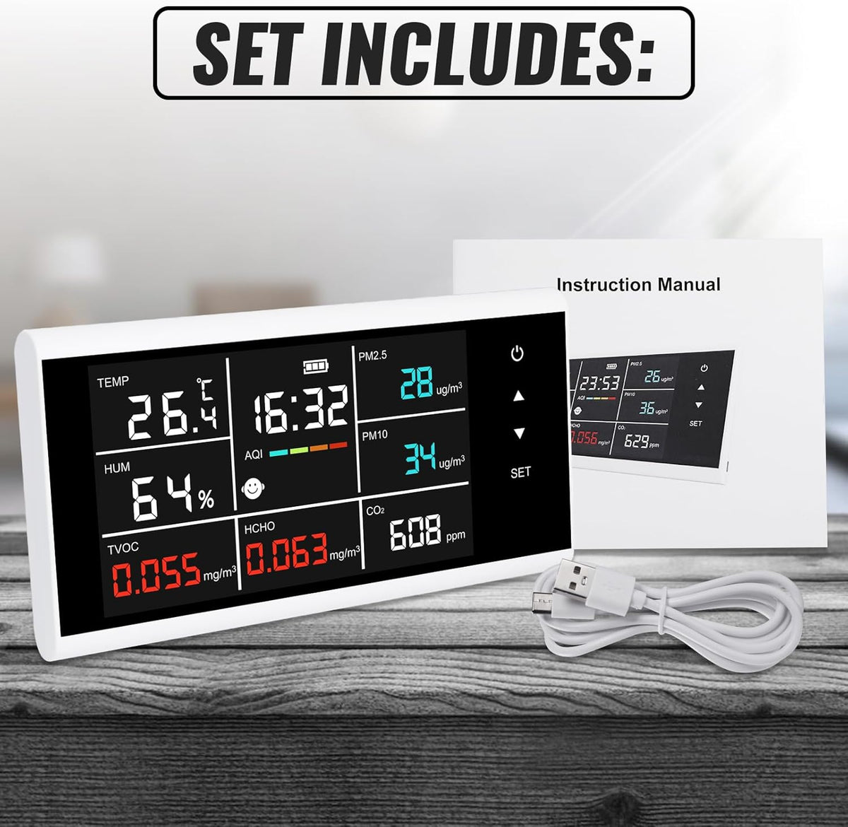 9-in-1 slimme luchtkwaliteitsmonitor, CO2, PM2.5, PM10, HCHO, TVOC, temperatuur, vochtdetector, touchscreen-display, luchtkwaliteitstester, real-time monitor, luchtvervuilingssensor, oplaadbaar