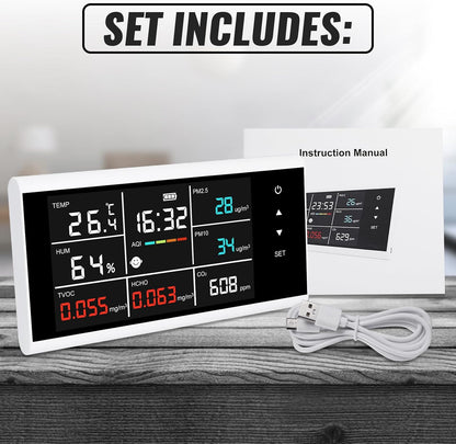 9-in-1 slimme luchtkwaliteitsmonitor, CO2, PM2.5, PM10, HCHO, TVOC, temperatuur, vochtdetector, touchscreen-display, luchtkwaliteitstester, real-time monitor, luchtvervuilingssensor, oplaadbaar