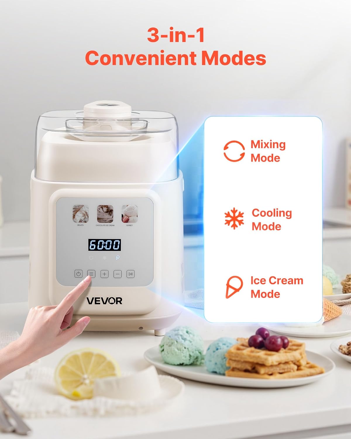 VEVOR Automatische ijsmachine met ingebouwde compressor, 1 liter, geen voorvriezen, gelato en ijsmaker met 4 modi, elektrische ijsmachine, frozen, yogurt sorbet maker, wit