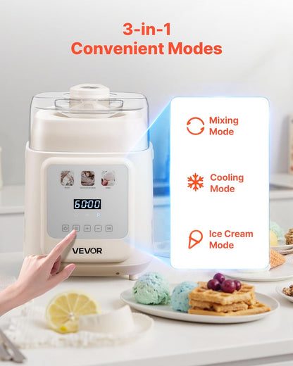 VEVOR Automatische ijsmachine met ingebouwde compressor, 1 liter, geen voorvriezen, gelato en ijsmaker met 4 modi, elektrische ijsmachine, frozen, yogurt sorbet maker, wit