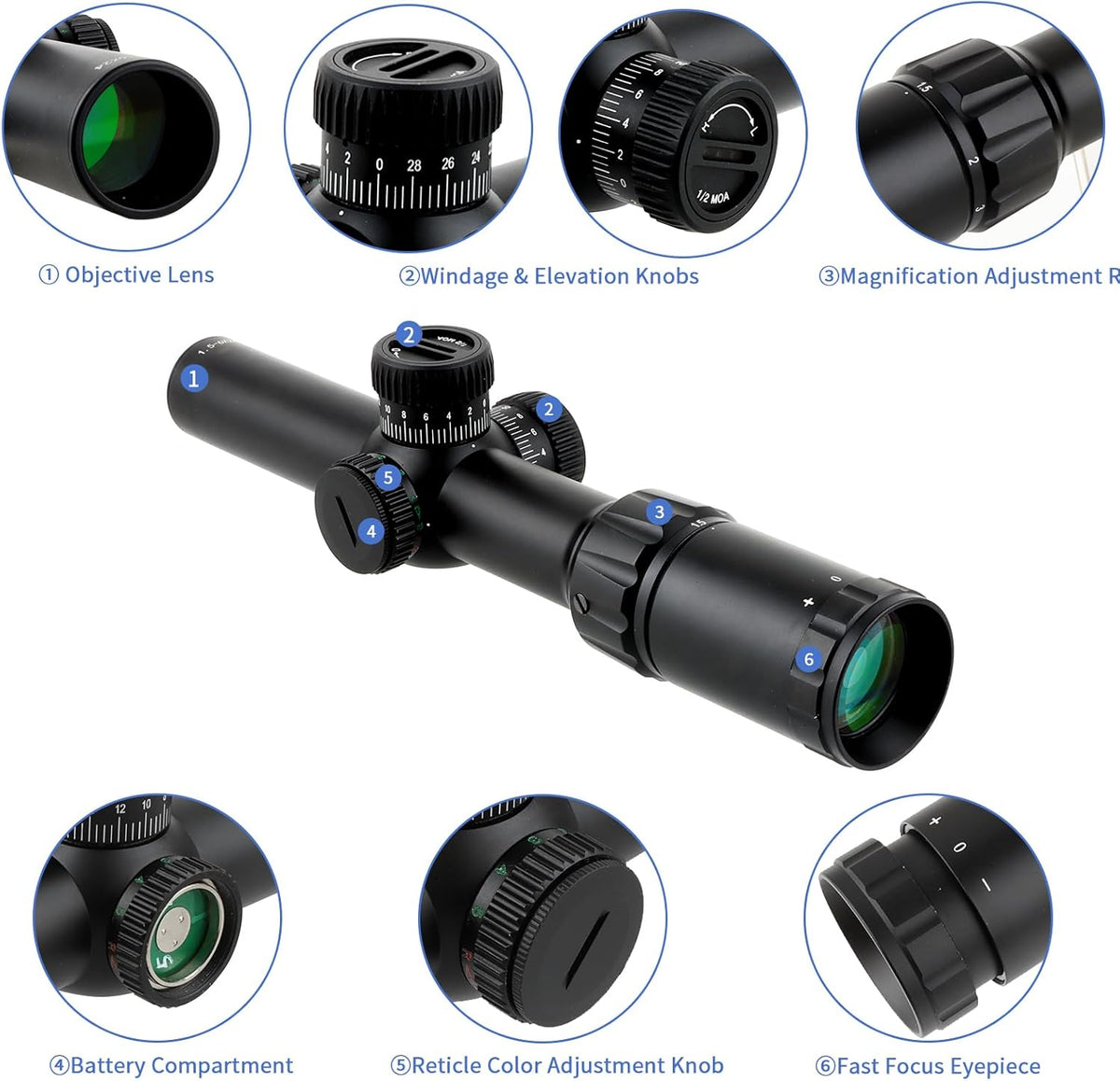 FOCUHUNTER 1,5 - 6 x 24 mm telescoop, zijdelingse parallaxcompensatie optische monoculair, groene volledig multigecoate 30 mm buiszoeker met 4 montageringen