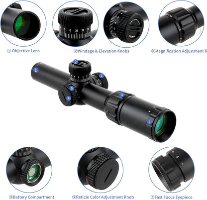 FOCUHUNTER 1,5 - 6 x 24 mm telescoop, zijdelingse parallaxcompensatie optische monoculair, groene volledig multigecoate 30 mm buiszoeker met 4 montageringen