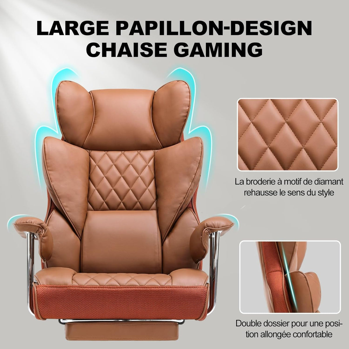 GTPLAYER Ergonomic Gaming Chair, Adjustable Gaming Chair, Office Chair with Footrest, Adjustable Backrest for Work and Play Leatherette, Brown - QUORE