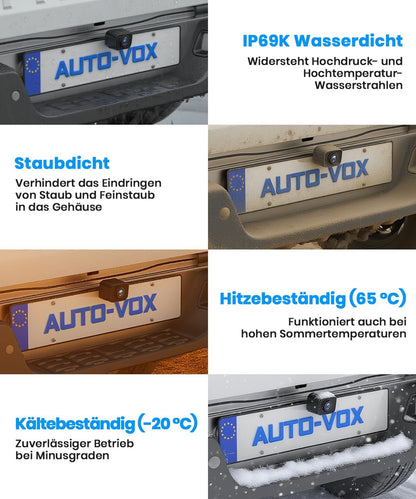 AUTO-VOX Draadloze achteruitrijcamera: 5 inch 1080P monitor, dubbel kanaal, installatie van 30 minuten, stabiele digitale radio-transmissie, IP69K waterdicht en nachtzicht, voor SUV, vrachtwagen, auto