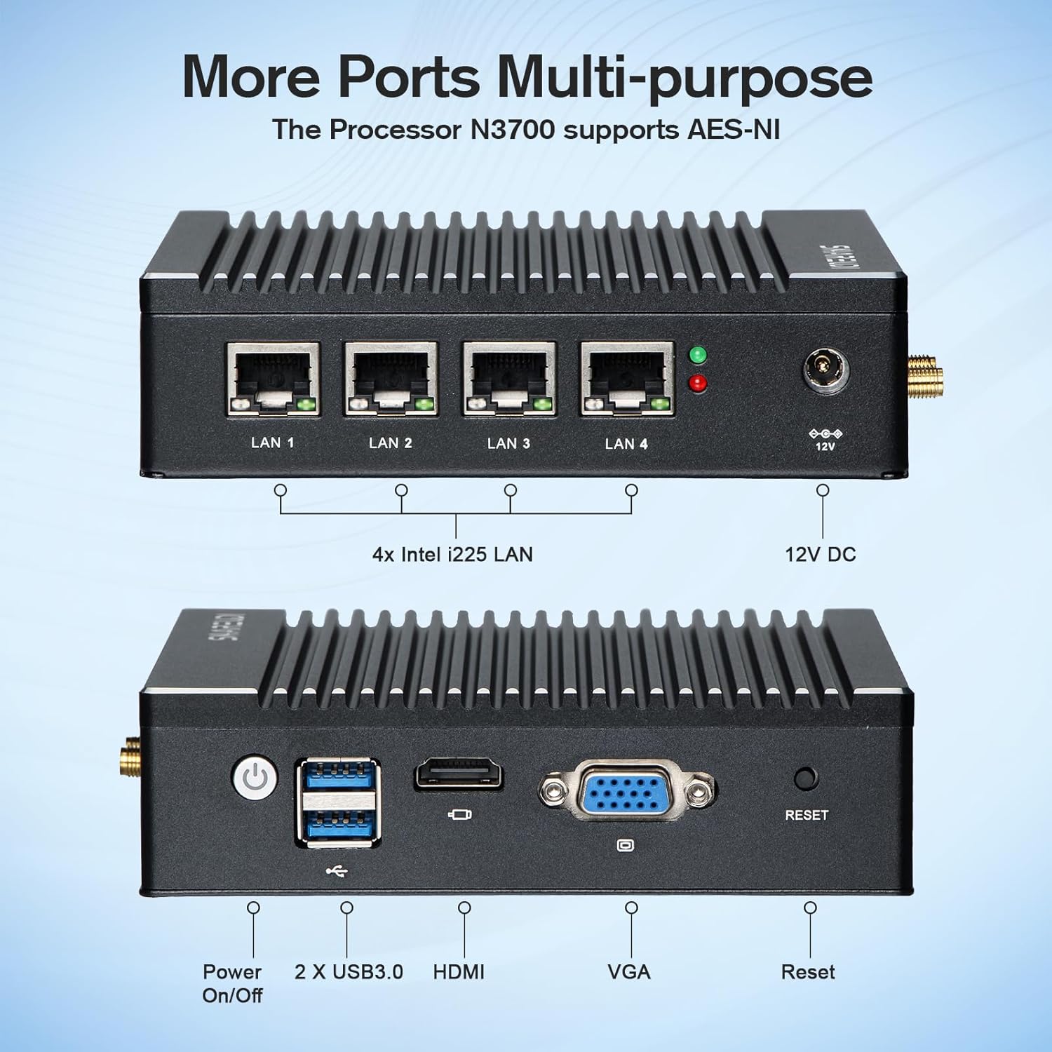 Fanless Mini PC Intel N3700 Quad Core, Firewall Micro Appliance, 4 Intel 2.5GbE i225 Gigabit NIC Port Mini-Desktop Computer, AES-NI, USB3.0/HDMI/VGA, 8G DDR3 128GB SSD. - QUORE