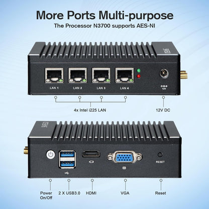 Fanless Mini PC Intel N3700 Quad Core, Firewall Micro Appliance, 4 Intel 2.5GbE i225 Gigabit NIC Port Mini-Desktop Computer, AES-NI, USB3.0/HDMI/VGA, 8G DDR3 128GB SSD. - QUORE