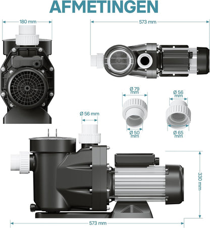 Wiltec poolpomp 19200 l/h 750 W zwembadpomp met 3,5 meter aanzuighoogte, filterpomp voor pools, circulatiepomp met ingebouwde vezelopvang
