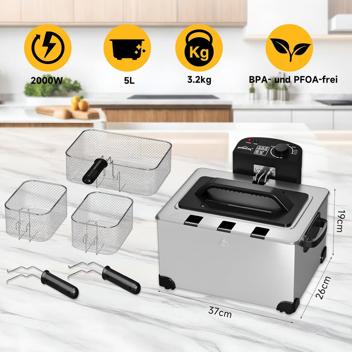 Friteuse, 5 liter friteuse met koude vetzone, 2000 W oliefriteuse, temperatuurregelaar, traploze temperatuurregelaar tot 190 °C, roestvrij staal XL friteuse met 3 frituurmanden, Deep Fryer voor