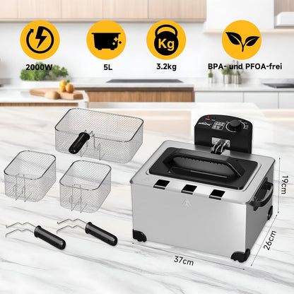 Friteuse, 5 liter friteuse met koude vetzone, 2000 W oliefriteuse, temperatuurregelaar, traploze temperatuurregelaar tot 190 °C, roestvrij staal XL friteuse met 3 frituurmanden, Deep Fryer voor