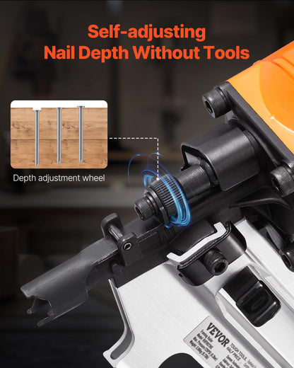VEVOR Table nail, compressed air nail machine for round head frame, complete from 50 to 90 mm, 21 degrees, double relaxation mode and depth adjustment without tools