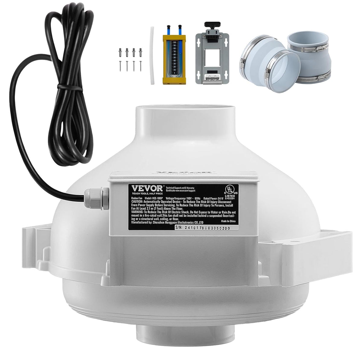 VEVOR 98-114 mm Radon Ventilatorinstallatiekit, 260 CFM Radon-reductie ventilatorsysteemkit met 2 koppelingen, drukweergave, inline kanaalventilator, afvoerventilator voor ventilatie binnen en buiten