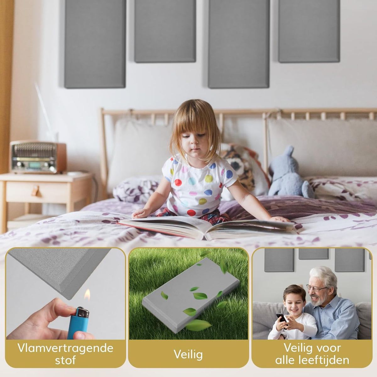 TONOR 4 PCS Groot Akoestisch Panel, 90 x 30 x 5.2 cm 3D Glasvezel Geluidsbescherming Panel met Volledige Zelfklevende, Decoratieve Echo Absorberende Muurpaneel, voor Studio, Woonkamer, Huis, Grijs