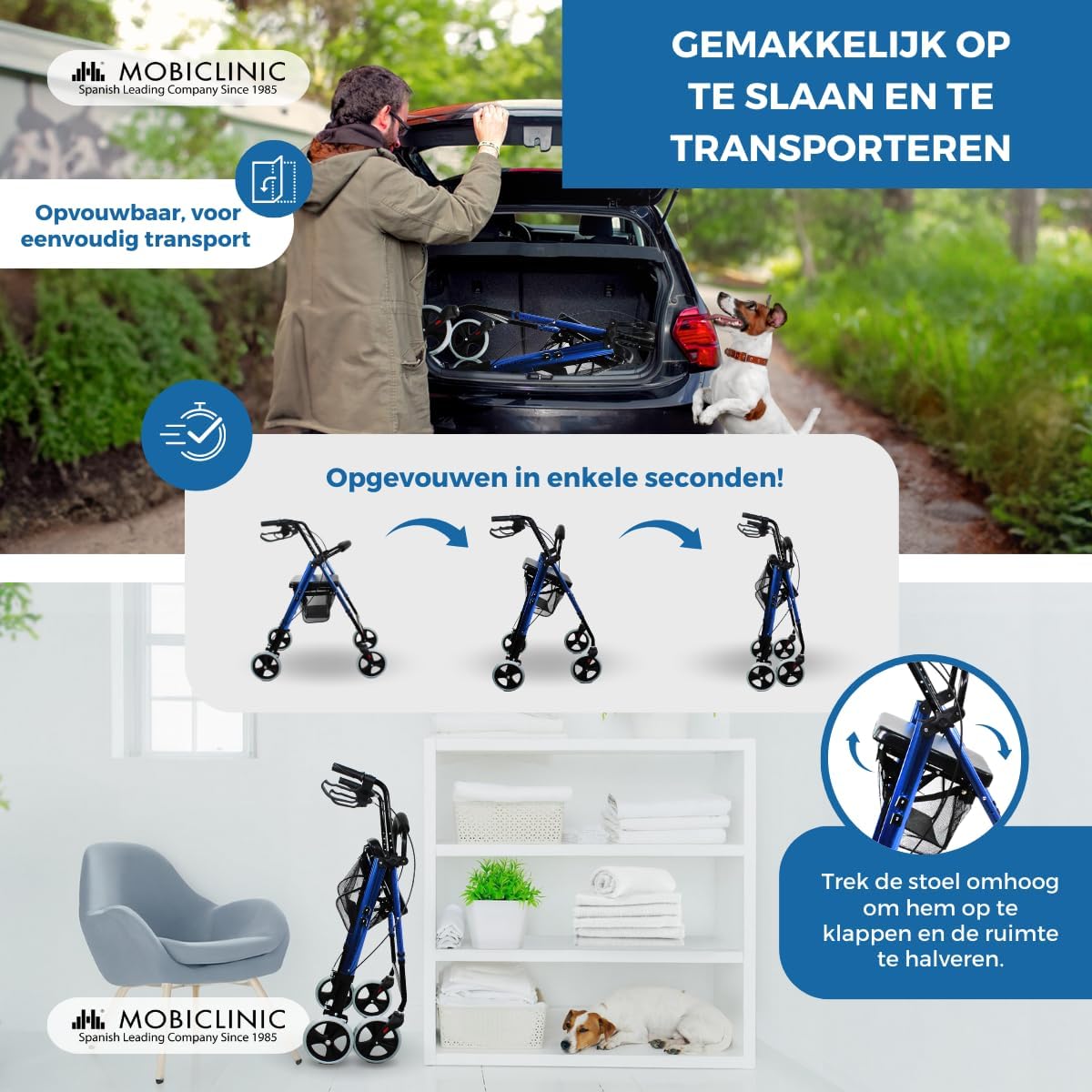 Rollator met 4 wielen | Opvouwbaar en verstelbaar | Met mand en remmen | Blauw | Hercules | Mobiclinic