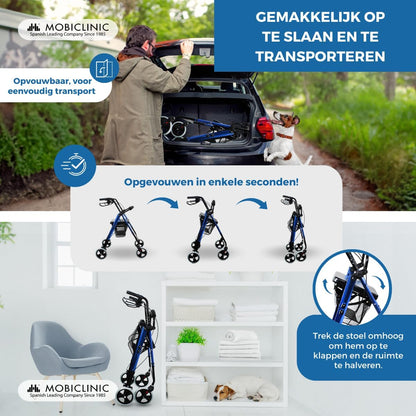 Rollator met 4 wielen | Opvouwbaar en verstelbaar | Met mand en remmen | Blauw | Hercules | Mobiclinic