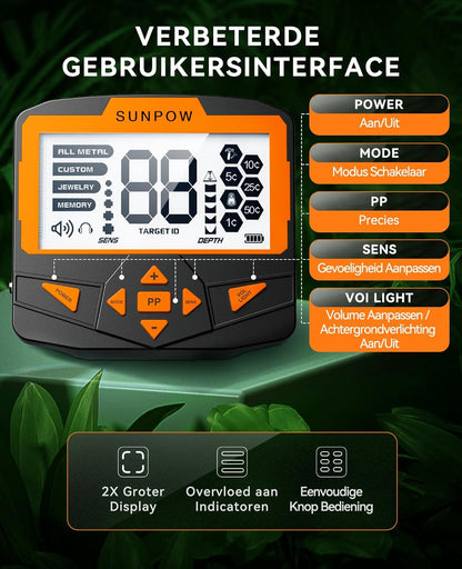 SUNPOW Metaaldetectorset Voor Volwassenen en Kinderen, Multifunctionele Professionele Detector met Pinpointermodus, IP68 Waterdicht, Sterke Anti-interferentie, Geavanceerde DSP-chip
