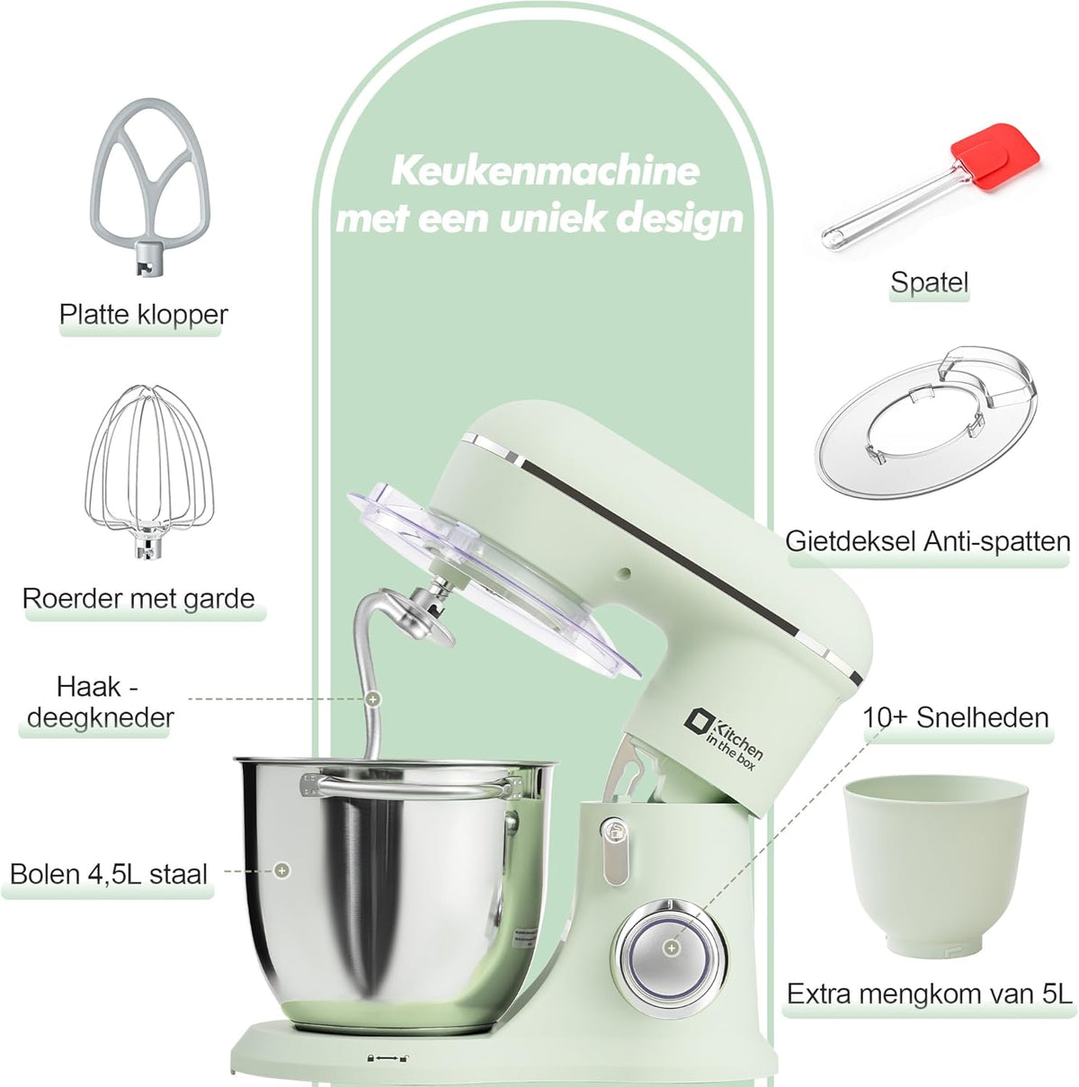 Kitchen in the Box Keukenmachine, 1300W, 10 snelheden, 4.5L + 5L mengkommen, elektrische standmixer met garde, klopper en deeghaak (Groen, 4.5L)