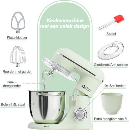 Kitchen in the Box Keukenmachine, 1300W, 10 snelheden, 4.5L + 5L mengkommen, elektrische standmixer met garde, klopper en deeghaak (Groen, 4.5L)